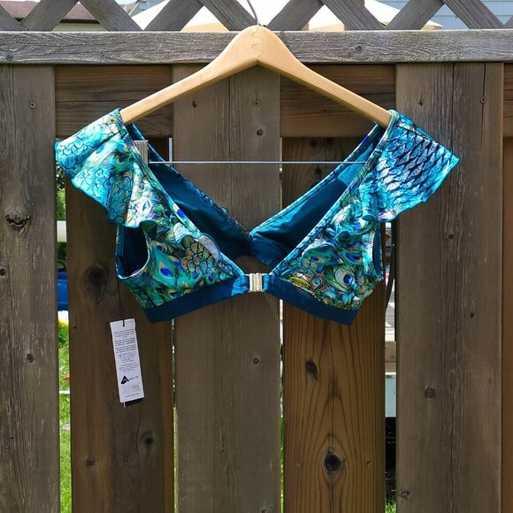 SEXY AQUA BLU Austrailia Peacock Ruffle Swim Top Women's Size 8 BNWT - Picture 2 of 15